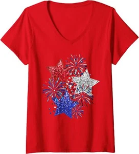 4th Of July Fireworks Stars Funny Cute Printed Ladies' V-Neck Tshirt - Picture 1 of 3