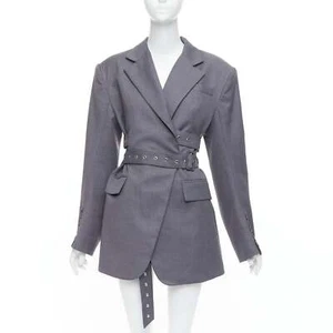 ROHK grey wool blend grommet double belted shoulder pad blazer FR36 S - Picture 1 of 9