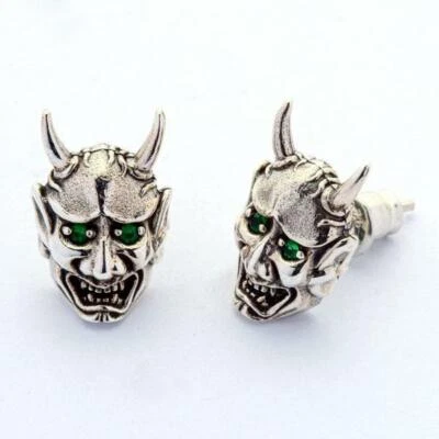 ORECCHINI MASCHERA ONI GIAPPONESE ARGENTO STERLING TESCHIO OCCHIO VERDE BORCH... - Immagine 1 di 2
