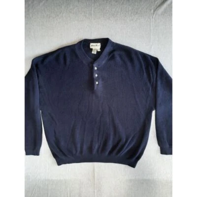Eddie Bauer Men's XL Navy Blue Knitted Wool 1/4 Buttons Pullover V-Neck Sweater - Image 1 of 4