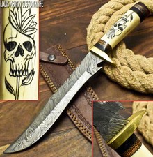 LOUIS MARTIN CUSTOM HANDMADE DAMASCUS HUNTING BOWIE KNIFE CAMEL BONE SCRIMSHAW