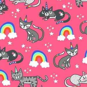 Animal Fabric | Unicorn Cats & Rainbow Allover Pink | Timeless Treasures YARD - Picture 1 of 1
