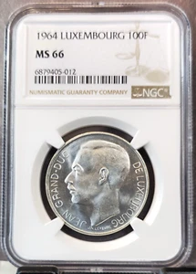 1964 LUXEMBOURG SILVER 100 FRANCS NGC MS 66 RARE GEM BU BEAUTIFUL COIN - Picture 1 of 3