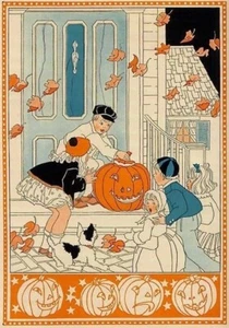 Set of TWO 5x7 Vintage Halloween Night Kids Craft Quilt Cotton Fabric Block - Picture 1 of 1