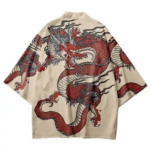 Cardigan uomo donna kimono giapponese motivo drago yukata manica a 3/4 cappotto camicetta - Foto 1 di 4