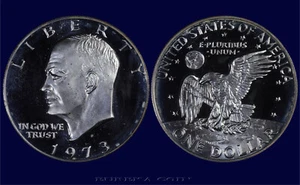 1973 S 40% Silver BU Proof Ike Dollar, Eisenhower DDO Motto & 'B E R' of Legend - Picture 1 of 4