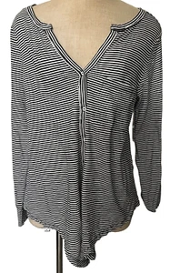 CASLON womens Blouse size M black & white striped L/S V-Neck button up front tie - Picture 1 of 10