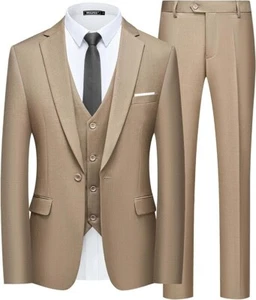 Wulful Men's Beige Suit Slim Fit 3 Piece XL 44R 38W 1 Button Notch Lapel - Picture 1 of 5