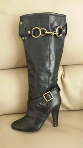 COACH Maribelle HIGH HEELS BLACK LEATHER BOOTS GOLD BUCKLE ITALY Sz 5-B $400 - Picture 1 of 6