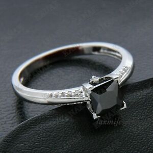 1.75CT Princess Cut Black Onyx Engagement Wedding Ring 14K White Gold Finish