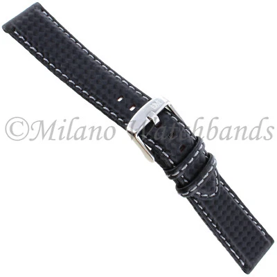 18mm Morellato Carbon Fiber Grain Black W/Silver Stitching Mens Watch Band Reg - Image 1 of 4