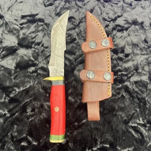 damascus knife 5.5” fixed blade Red Wood Handle With Leather Sheath - Picture 1 of 6