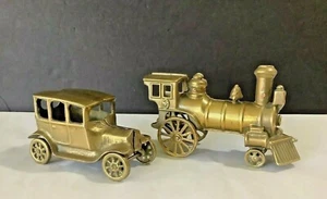 Pair Vintage Solid Brass Decor Old Locomotive Train and Car Figurines Sculpture - Picture 1 of 7