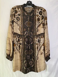 NUEVO CON ETIQUETAS TWELFTH STREET BY CYNTHIA VINCET Blusa Top Túnica Marrón Estampado 100% Seda Talla M - Imagen 1 de 7
