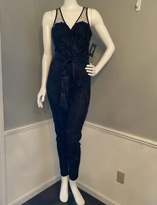 Womens Black Satin Embroidered Lace Jumpsuit Formal Eveningwear Size 0 NWT New - Image 1 of 4