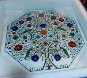 24" White Marble Dining Table Top Marquetry Art Inlay Tree Design Furniture Déco - Picture 1 of 8