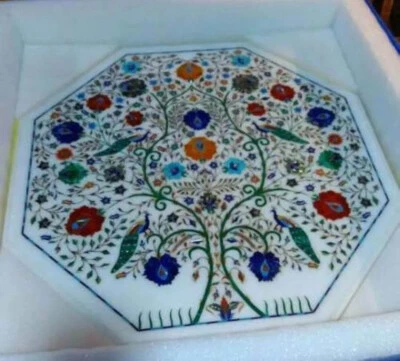 24" White Marble Dining Table Top Marquetry Art Inlay Tree Design Furniture Déco - Image 1 of 4