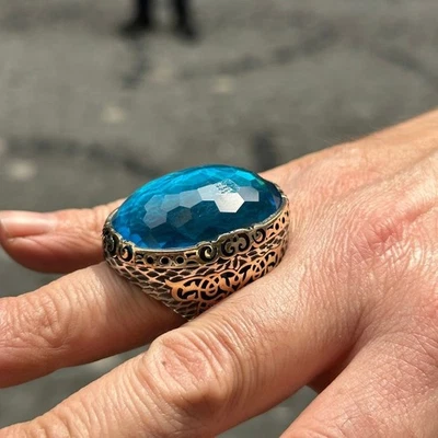 Anillo grande de plata 925 estilo otomano grabado piedra aguamarina Foto 1 de 4