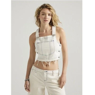 Top corto Lee Denim babero blanco puntada azul nuevo con etiquetas raro pequeño Foto 1 de 4