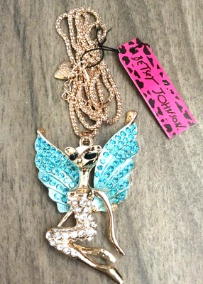 Betsey Johnson синий кристалл Fox ангел подвеска на золотой цепочке ожерелье новый! - Изображение 1 из 2