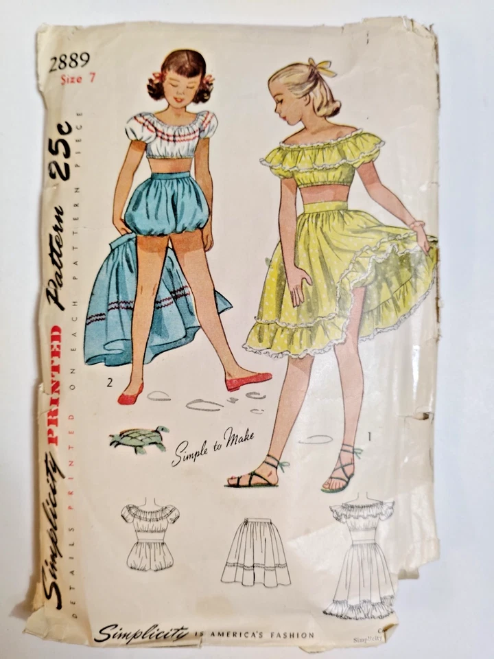 Simplicity 2889 Skirt Crop Top Bloomers Dance Sewing Pattern Girls 7 VTG Easy - Image 1 of 4
