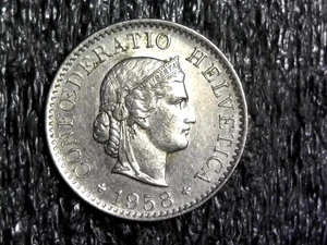 1958B Suiza, Suiza 5 Rappen Extranjero, Moneda Mundial KM#26 (z890) - Imagen 1 de 2