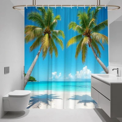 Cortina de Ducha de Playa Tropical Palmeras Escena del Océano Azul Turquesa Agua Foto 1 de 4