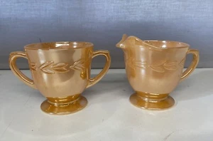 FIRE KING Sugar Bowl & Milk Jug Peach Luster Excellent Condition Laurel Pattern - Picture 1 of 11