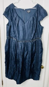Adrianna Papell Midi Dress 24W Event Classy Beaded Pleated Wedding Cocktail Blue - Picture 1 of 11