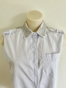 Camisa BALMAIN Sin mangas Algodón Cheques Plateado Metal Tachonadas Tachonas IT40/S-M Azul - Imagen 1 de 12