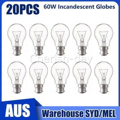 20 x 60W Incandescent Light Globes Bulbs B22 Bayonet Warm White Dimmable Clear - image 1 of 4