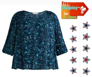 Blusa campesina Terra & Sky manga poeta talla grande 3X 24W -26W punto azul marino oscuro - Imagen 1 de 14