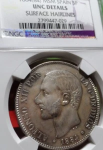 Certificada NGC UNC, ALFONSO XII, 5 Pesetas, 1884 *18-84, Ag. - Imagen 1 de 2