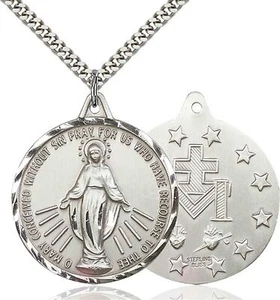 Large Sterling Silver Miraculous Mary Catholic Medal Pendant Necklace 24" Chain - Picture 1 of 5