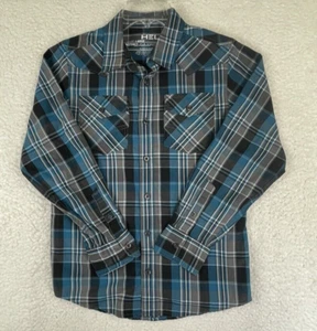 Helix Boys Youth Button Down Shirt Size Large Black Blue Plaid Roll-Tab Sleeves - Picture 1 of 5