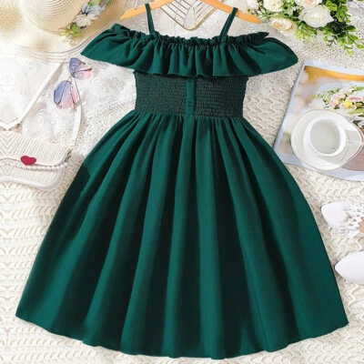 Niñas Vestido Patinador Niños Color Liso Verano Fiesta Descubierto Vestidos 8-11 Y Foto 1 de 4