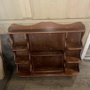 Vintage Wood Hanging Teacup Curio Wall Display Shelf Rack 31" W x 24"H x 5.2" D - Picture 1 of 5