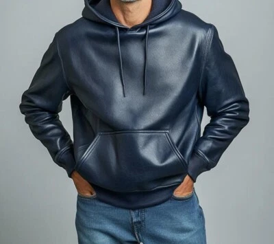 Sudadera con capucha de cuero azul para hombre en cuero genuino hecha a mano premium Foto 1 de 2