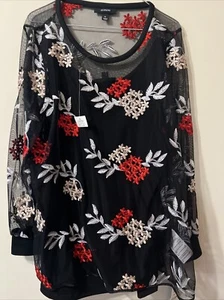 Alfani Sz PL Top Sheer Black Red Overlay Floral Embroidery Long Sleeve Formal - Picture 1 of 13