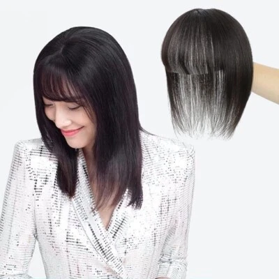 Topper de cabello humano 360° 10 pulgadas con flequillo base de seda de 3"x3,5" #1B peluca negra natural Foto 1 de 4