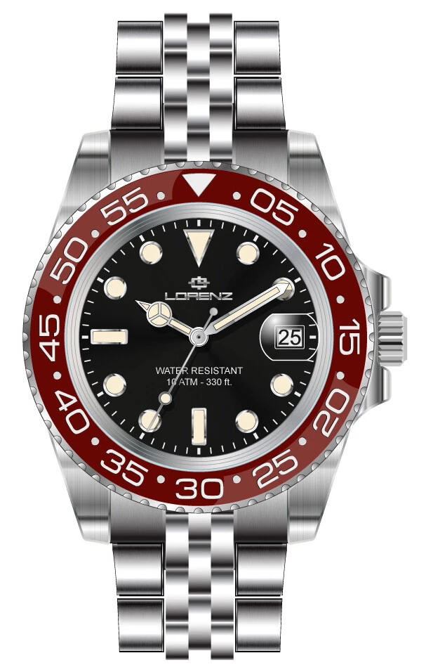 Orologio Uomo LORENZ 26122FF Bracciale Acciaio Nero Rosso Sub 100mt FIV - Immagine 1 di 1