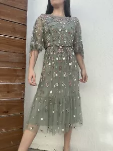 Needle & Thread Floweret Embellished Sage Green Midi Dress sz 12 - Picture 1 of 7
