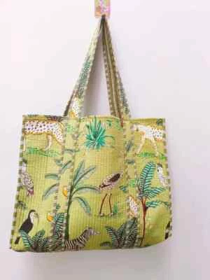 New Indian Green Tiger Printed Quilted Shoulder Bag Women's Beach Cotton Handbag - Image 1 of 4