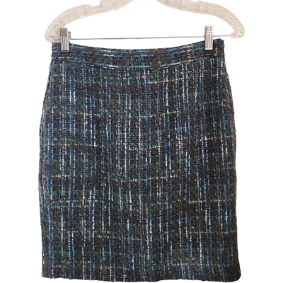 J. Jill Tweed Skirt 4 Petite Pencil Mini Knee Lined Heather Blue Office Work - Image 1 of 4