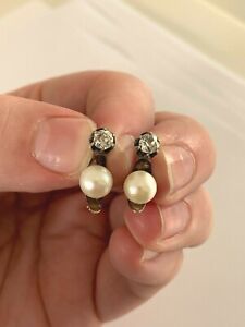 18ct rose gold diamond genuine pearl earrings, French Victorian