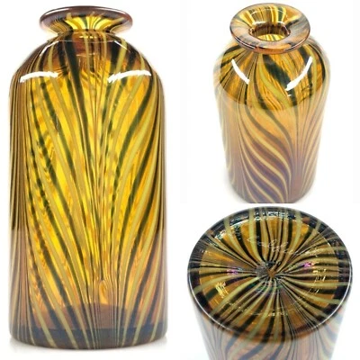 RARE B. CALDWELL Iridescent Art Glass Handblown Pulled Feather Vase Amber WOW - Image 1 of 4