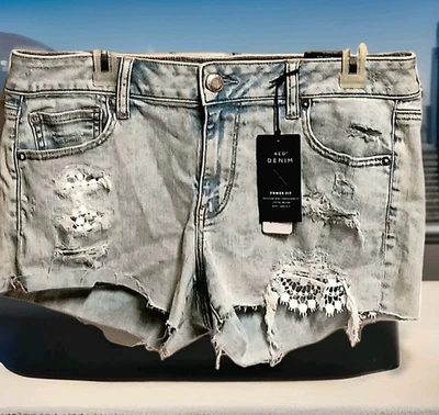 Pantalones Cortos de Denim American Eagle Para Mujer 5 Bolsillos Encaje Desgarrado Motociclista Ajuste Eléctrico Talla 14 NUEVO  Foto 1 de 4