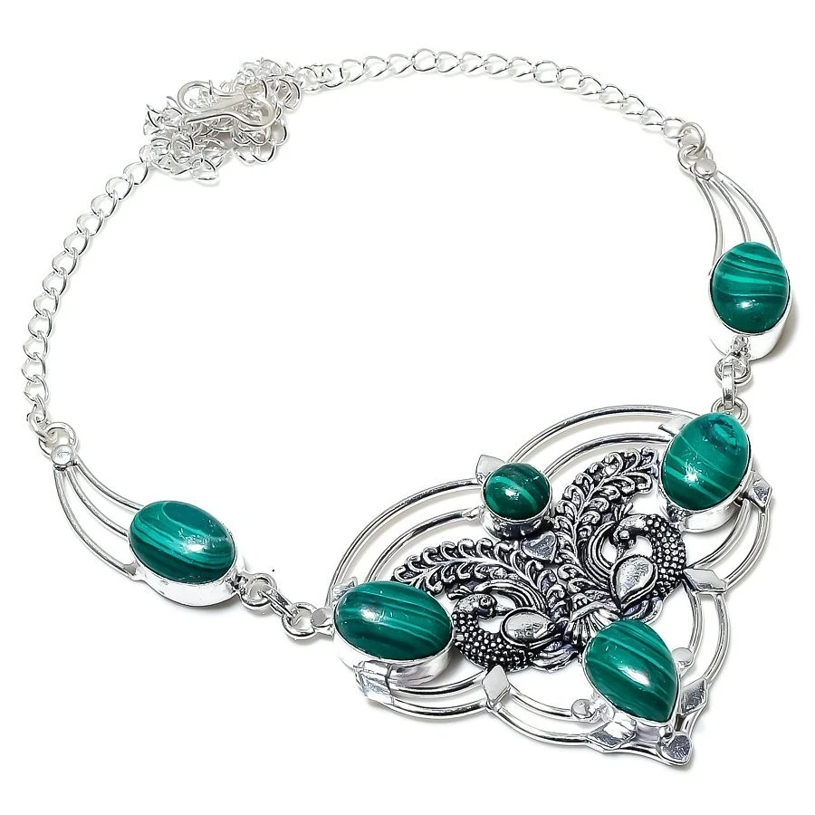 Collar de joyería de plata de ley 925 hecho a mano con piedras preciosas de malaquita verde tamaño 18" Foto 1 de 1