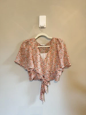 Пышный • укороченный оранжевый цветочный галстук талии с пуговицей спереди V шеи Sz Sm лето - Изображение 1 из 4