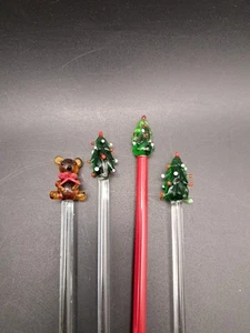 Vintage Cocktail Swizzle Sticks Drink Stirrers Blown Glass Christmas Trees Teddy - Picture 1 of 6